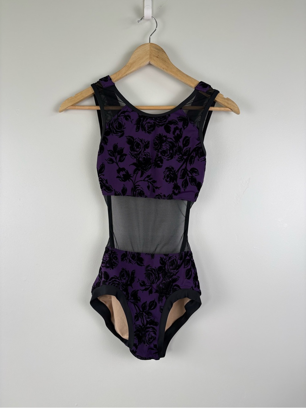 Kandi Kouture Black & Purple Floral Velvet Mesh Leotard Size AXS